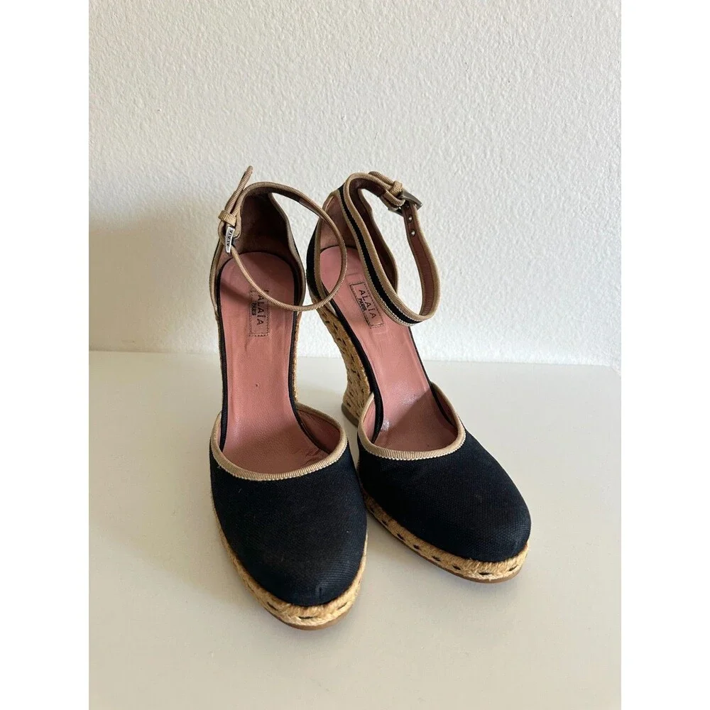 ALAIA Wedge Espadrille Sandals Canvas Almond Toe Ankle Strap Black Women's EU 38